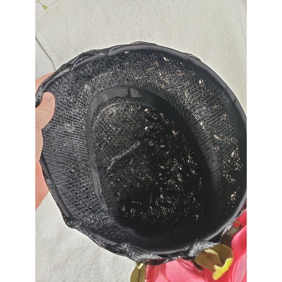 Black Vintage Cloche Hat with Large Pink Roses Woven Raffia - Picture 9 of 10